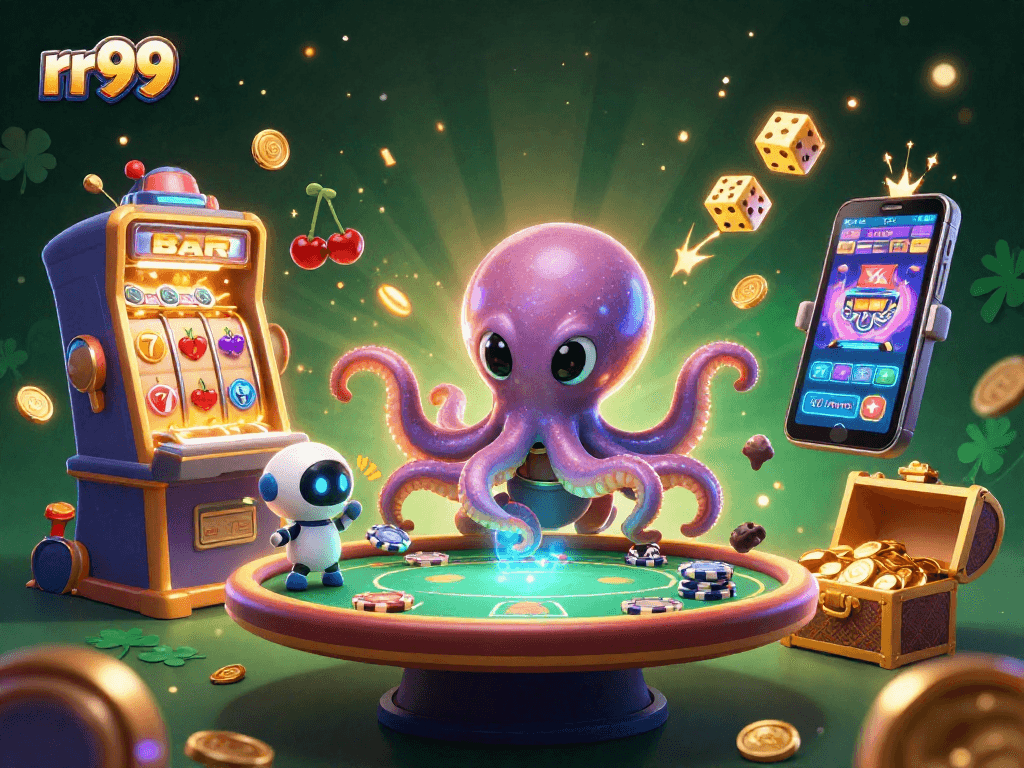 Experience thrilling poker with rr99 as a vibrant alien octopus dazzles at a floating table.