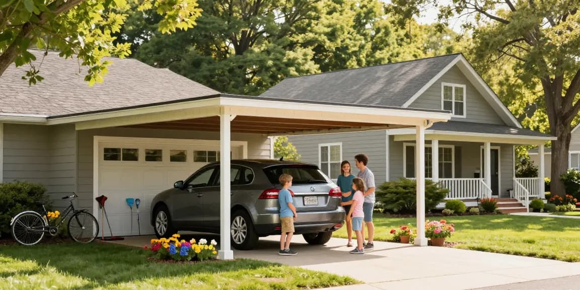 Stylischer Carport in einem Vorstadtgarten mit Familie und Auto.