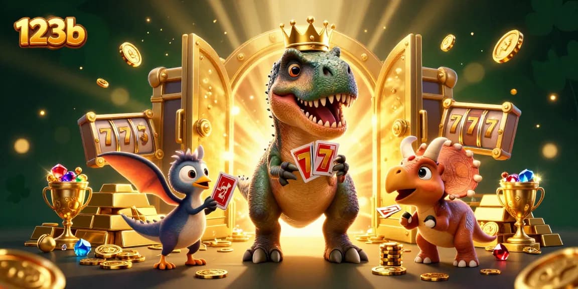Experience thrilling gameplay at 123b with friendly dinosaur characters immersed in a vibrant casino scene full of winning treasures.