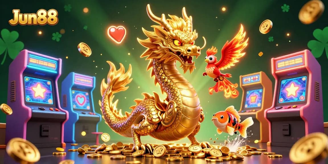 Jun88 offers top-notch gaming with a dynamic scene featuring a fierce dragon and phoenix.
