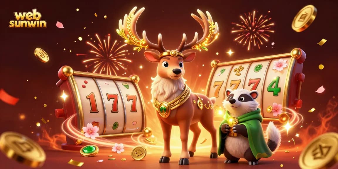 Experience the magic of web sunwin with a vibrant 3D illustration featuring a Celtic druid and vibrant casino symbols.