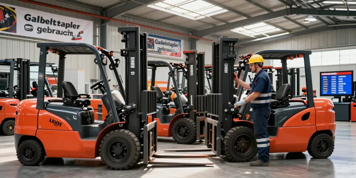 Bediener inspiziert gebrauchte Gabelstapler in einem gut beleuchteten Industriegebäude
