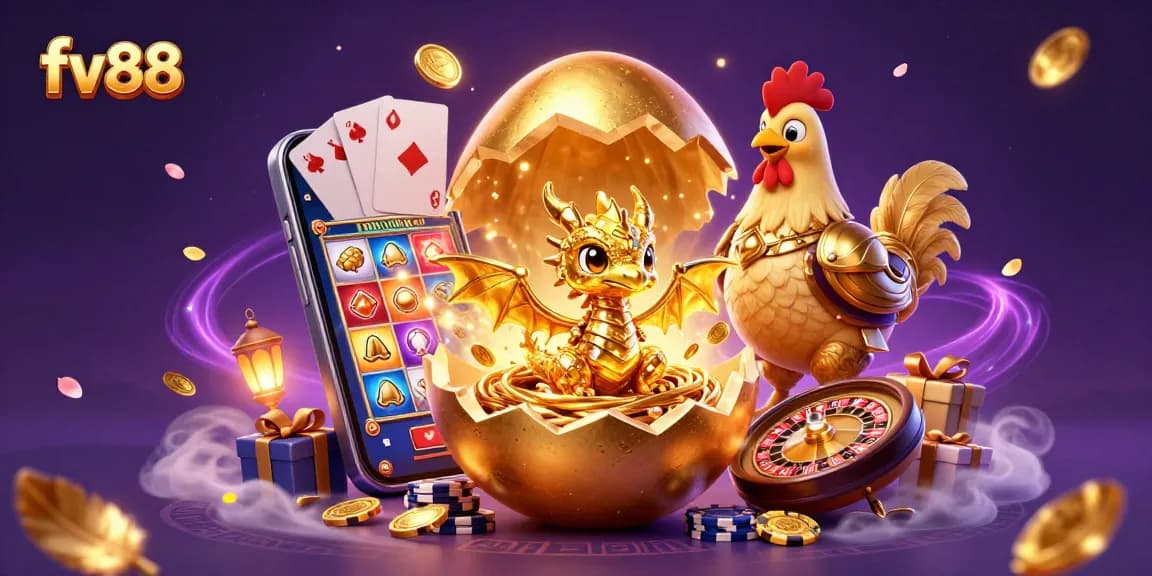 Experience thrilling gameplay with fv88 featuring a golden dragon amidst poker chips and a colorful slot game.