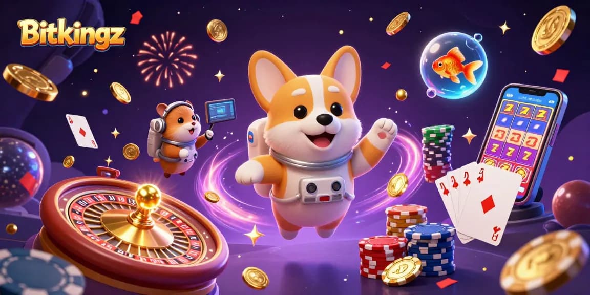 Spiele mit Bitkingz: 3D-Cartoon-Illustration eines Astronauten-Corgis in einem Casino mit schwebenden Pokerchips und Gewinnsymbolen.