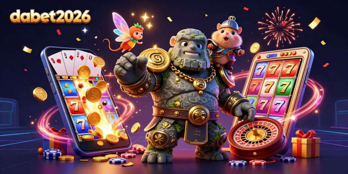 Experience the magic of dabet2026 with a lively golem, fairy, and hamster knight amidst dynamic casino games.