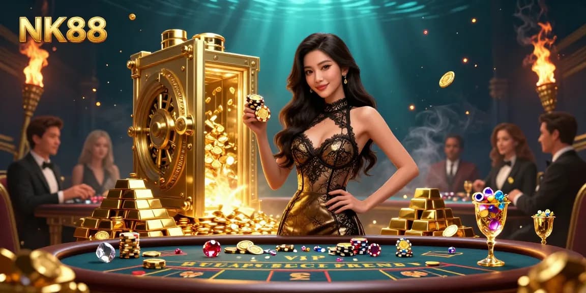 Experience high-stakes gaming at NK88 with beautiful Asian dealers and luxurious casino elements.