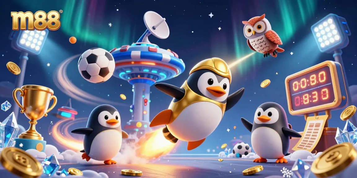 Experience m88's thrilling casino adventure with a dynamic golden penguin and vibrant betting elements.