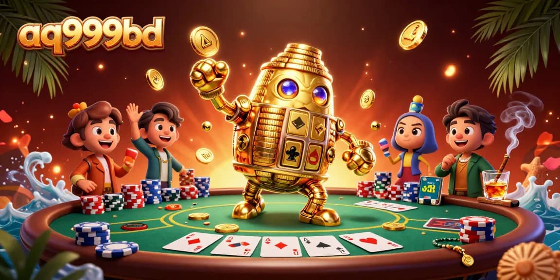 Experience thrilling wins at aq999bd, featuring a dynamic golden golem, poker elements, and vibrant casino atmosphere.