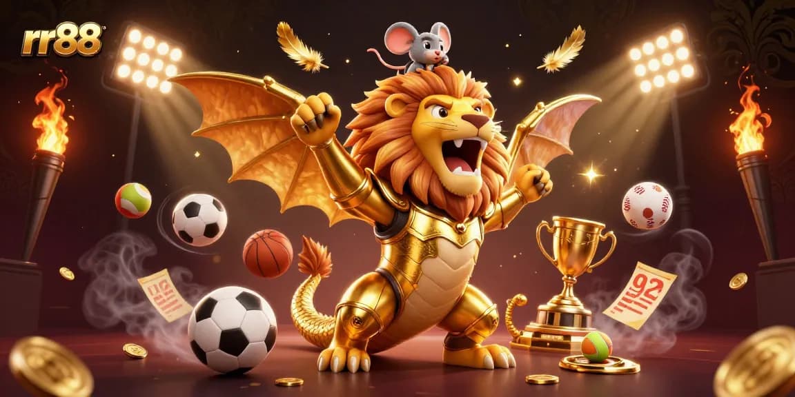 Engage with rr88 through a vibrant casino scene showcasing a chimera hero triumphing amid sports elements and golden treasures.