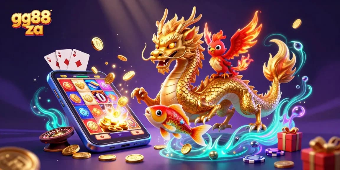 Play exciting games with gg88 za, featuring a dragon, phoenix, and koi fish surrounded by coins and slot machines.
