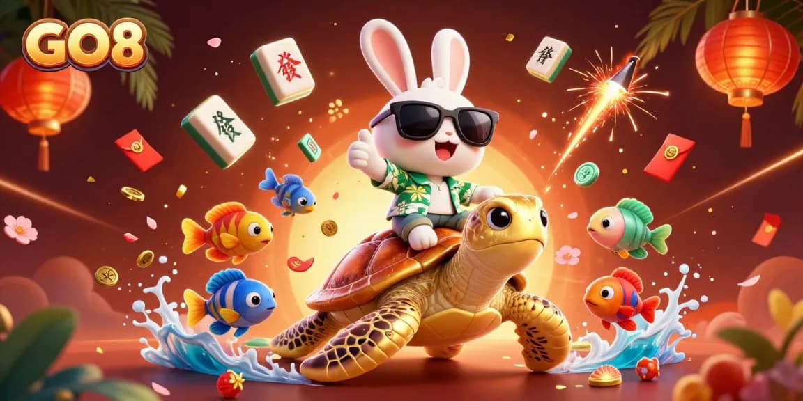 Engage with GO8's thrilling gambling adventure featuring a lucky rabbit and golden turtle in a vibrant casino scene.