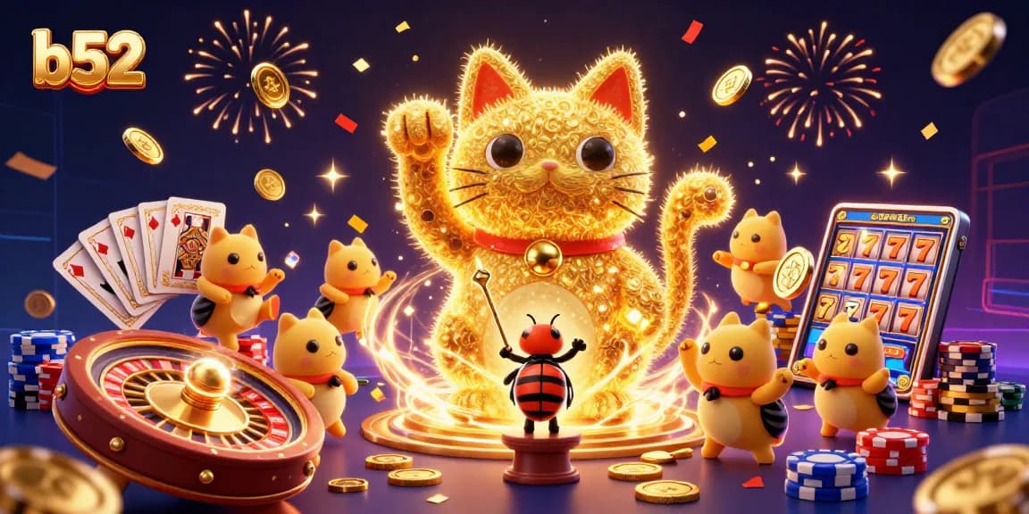 Win big with b52 through this vibrant, dynamic casino-themed illustration showcasing a lucky cat and engaging game elements.