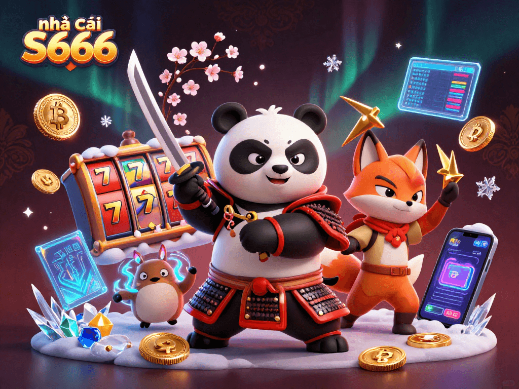 Experience the excitement at nhà cái S666 with dynamic scenes of vibrant slot reels and gambling elements.