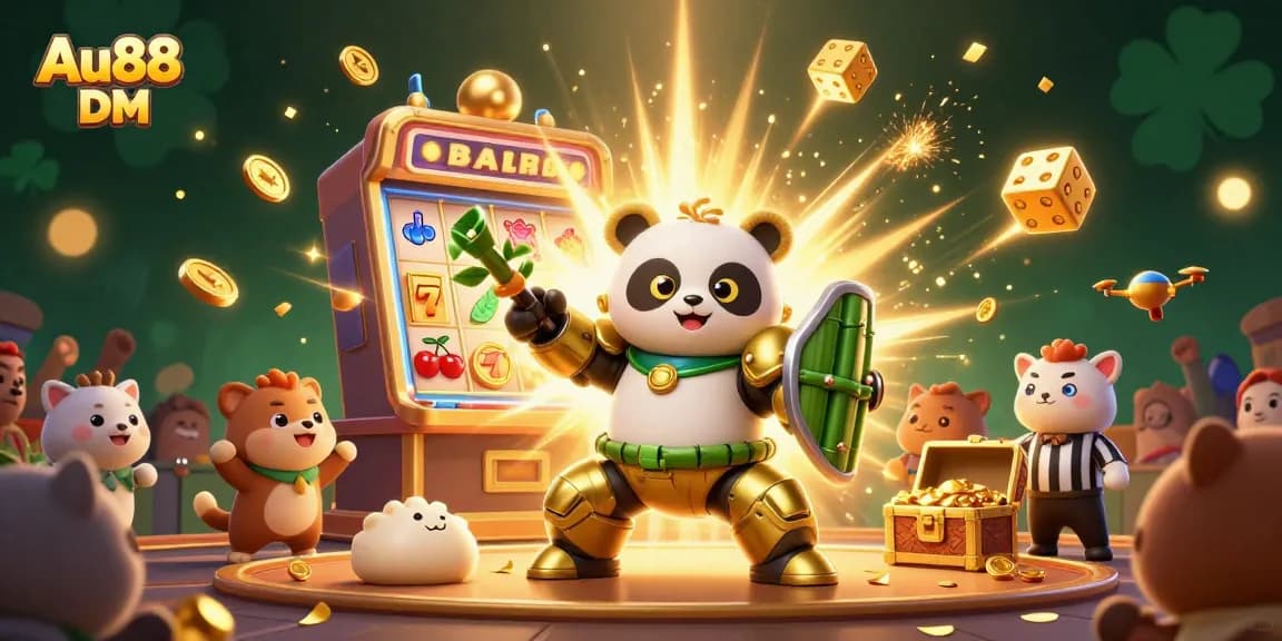 Experience the excitement of Au88 DM with a vibrant casino showdown featuring dynamic slot machine action and adorable characters.