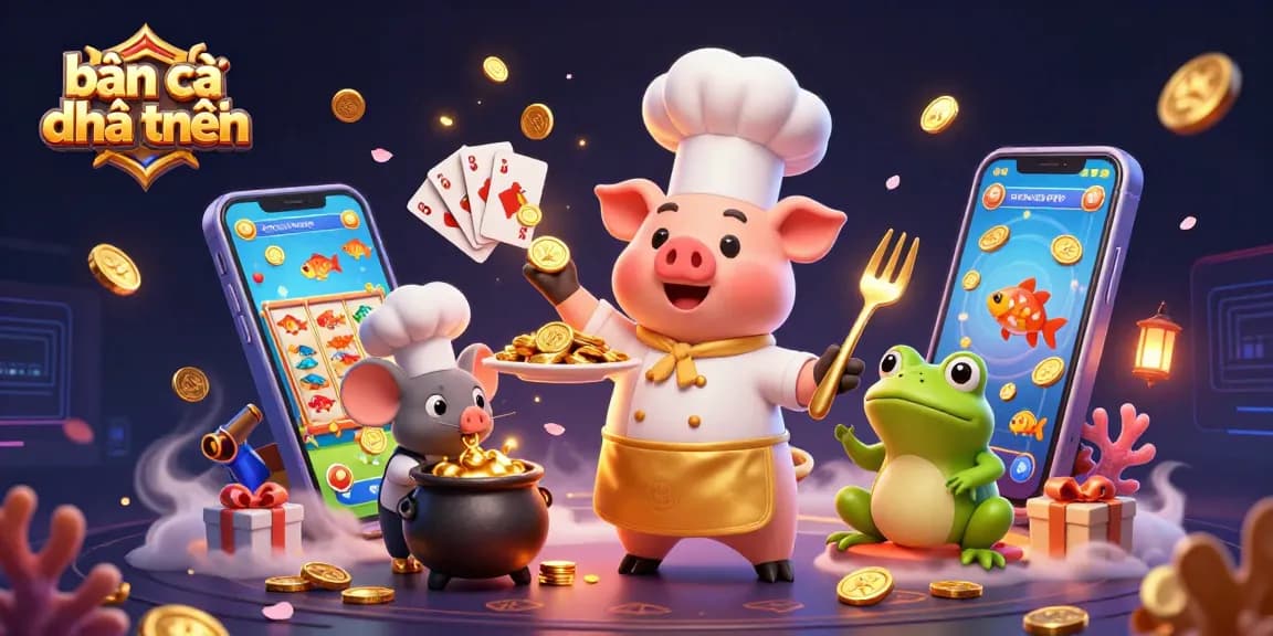 Engage in bắn cá đổi thưởng with vibrant characters, cheerful fish game elements, and dazzling gold coins.