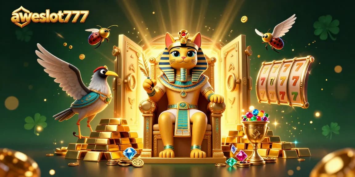 Experience the fun of awslot777 with this vibrant 3D casino-themed illustration featuring dynamic slots and treasures.