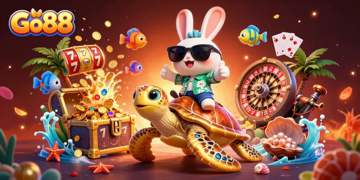 Engage in thrilling gambling adventures at Go88 with a cartoon lucky rabbit and golden sea turtle.