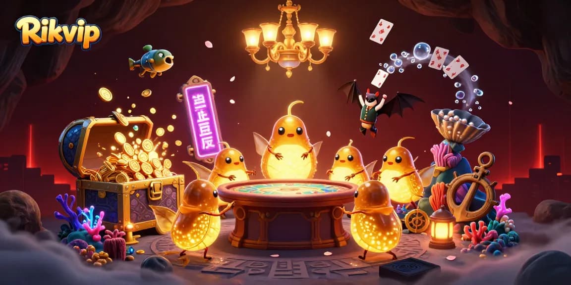 Join the fun at Rikvip with a vibrant casino scene illuminated by glowing creatures and treasures.