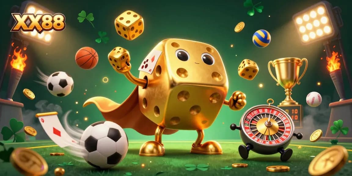 Engage in exciting gameplay at XX88 with a vibrant illustration of golden dice and exciting gambling elements.