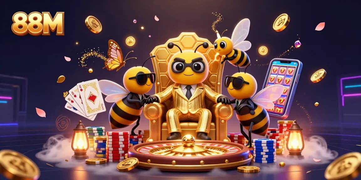Play and win big with 88M in this vibrant casino scene featuring a bumblebee mob boss and dazzling casino elements.
