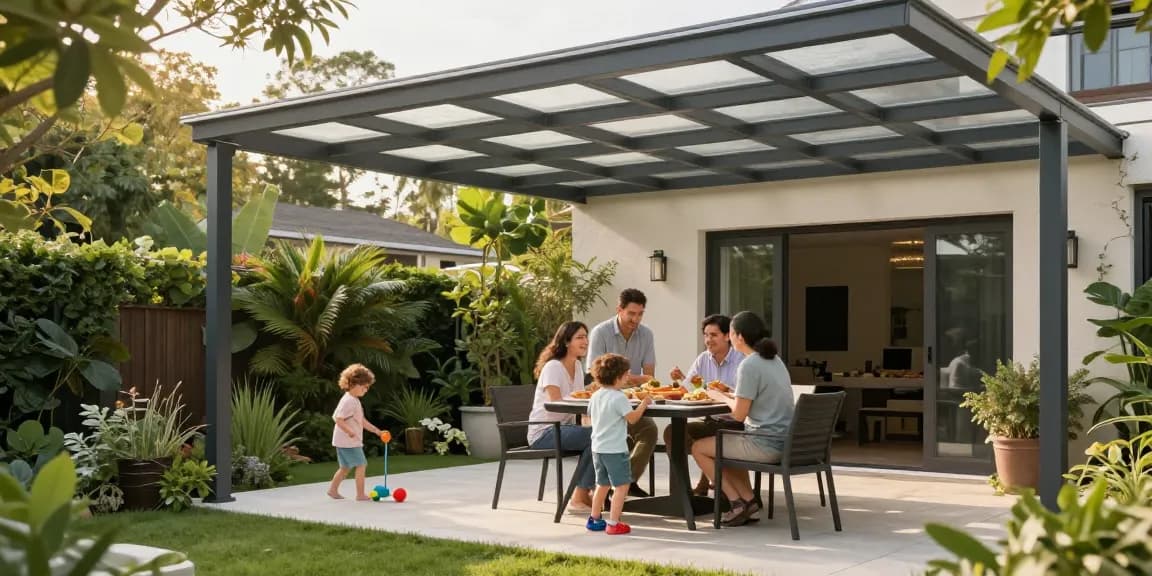 Moderne Terrassenüberdachung in einem liebevoll gestalteten Garten mit einladendem Familienessen.