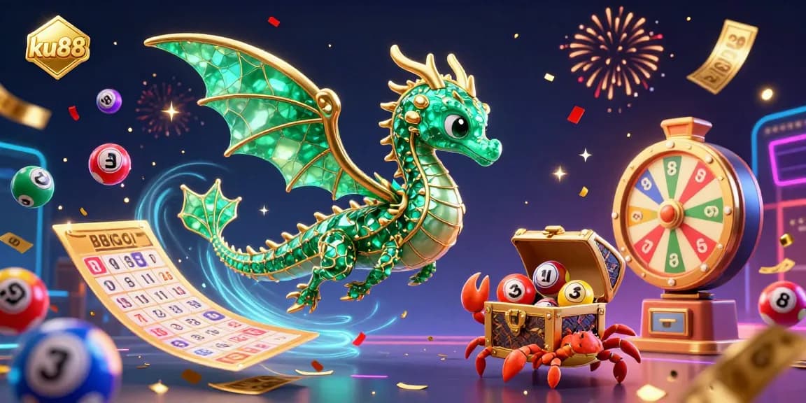 Engaging ku88 sea dragon scene with lottery balls, bingo cards, and energetic prize elements.