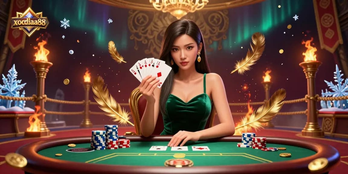 Xocdiaa88 showcases an Asian woman at a poker table with chips and golden tokens, emphasizing strategic gaming.