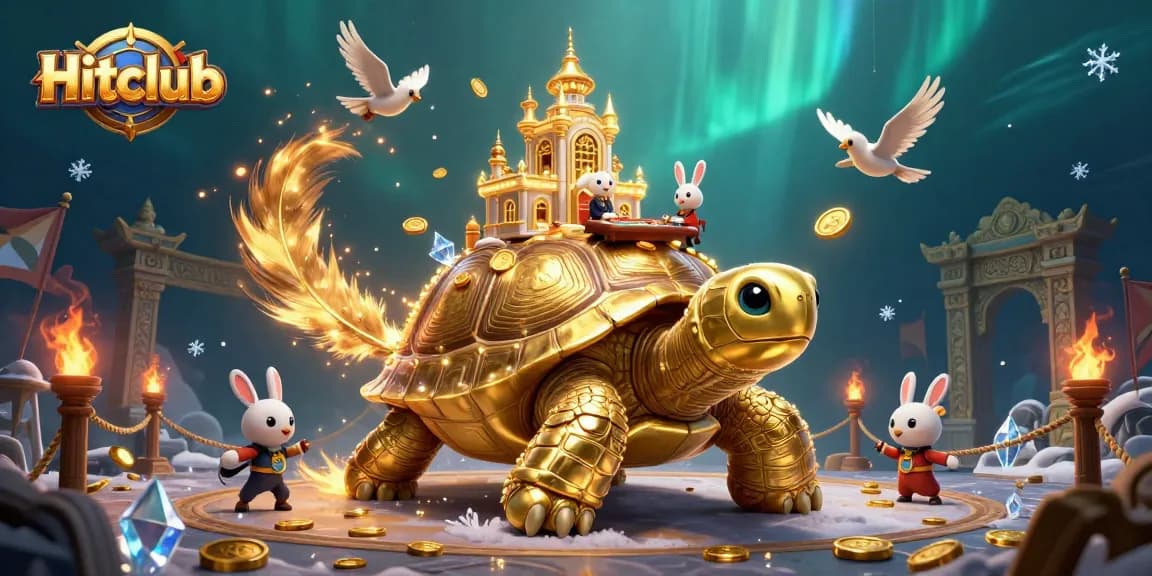 Hitclub casino image showcasing a vibrant 3D scene with a golden tortoise and dealer, surrounded by game tokens.