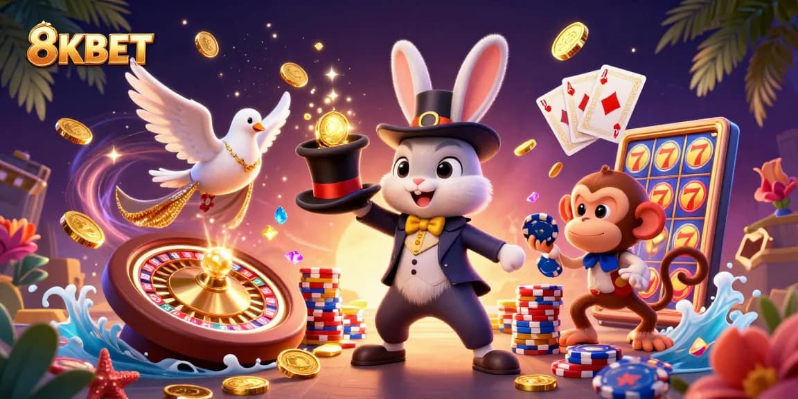 Experience thrilling moments at 8KBET as a magician rabbit conjures coins amidst vibrant casino elements