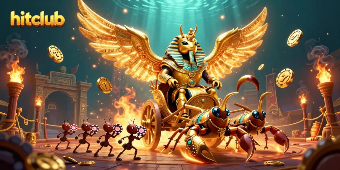 Experience the thrill of hitclub gaming with a colossal scarab beetle and vibrant casino elements.