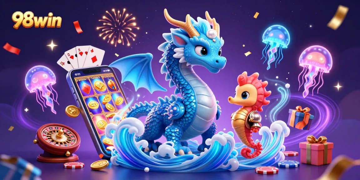 Experience the vibrant 98win casino world, featuring dynamic characters, games, and celebratory atmosphere.