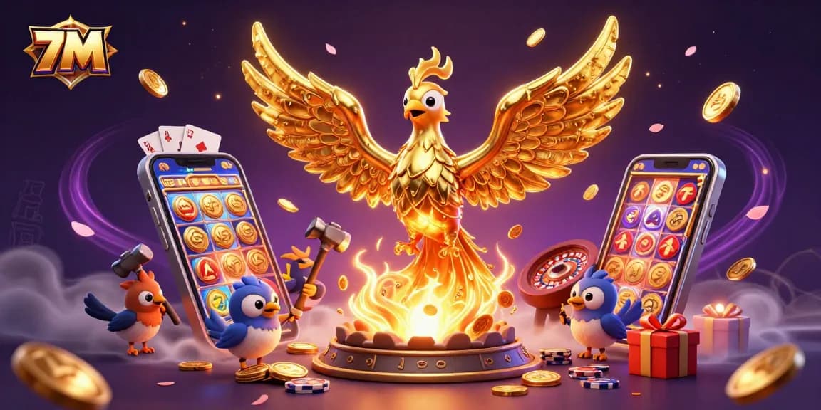 Engage with the thrilling 7M slot game experience, featuring a phoenix and golden coins.