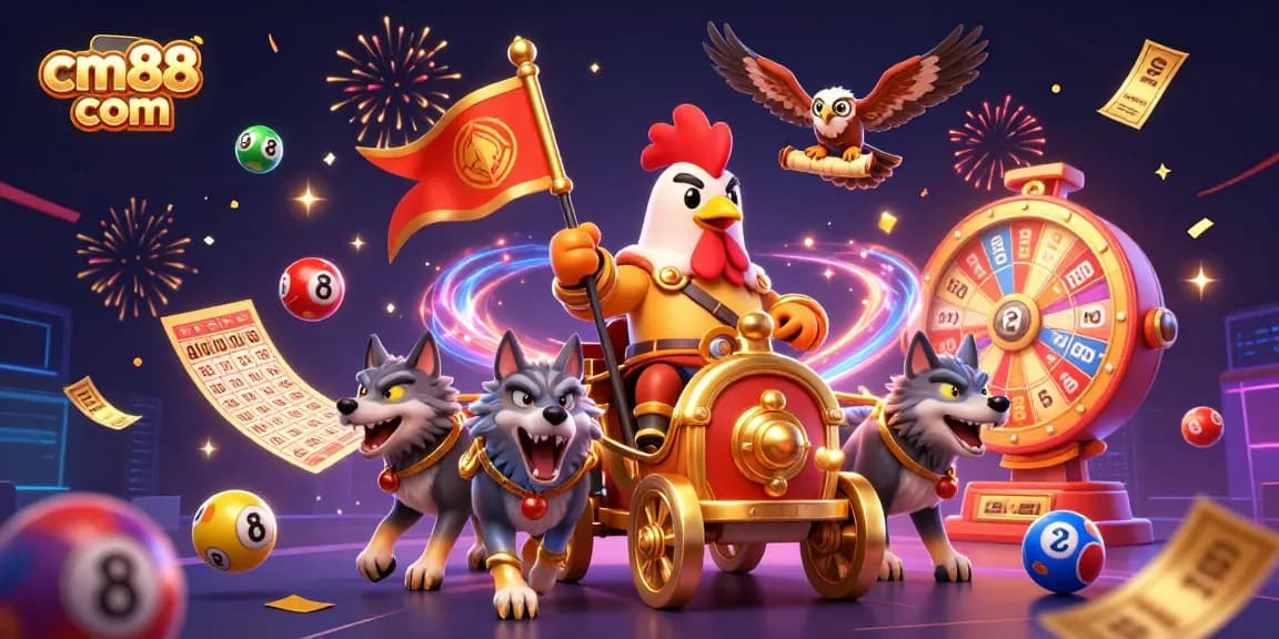 Wager with confidence at cm88 com, featuring a vibrant 3D scene of a rooster warlord and dynamic gaming elements.
