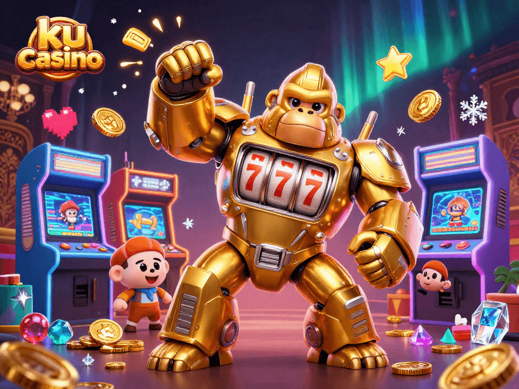 Experience thrilling gameplay at ku casino with an energetic golden gorilla mech and arcade elements.