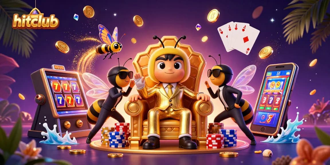 Hitclub showcases thrilling slot machine action in a vibrant casino scene filled with gold and gems.