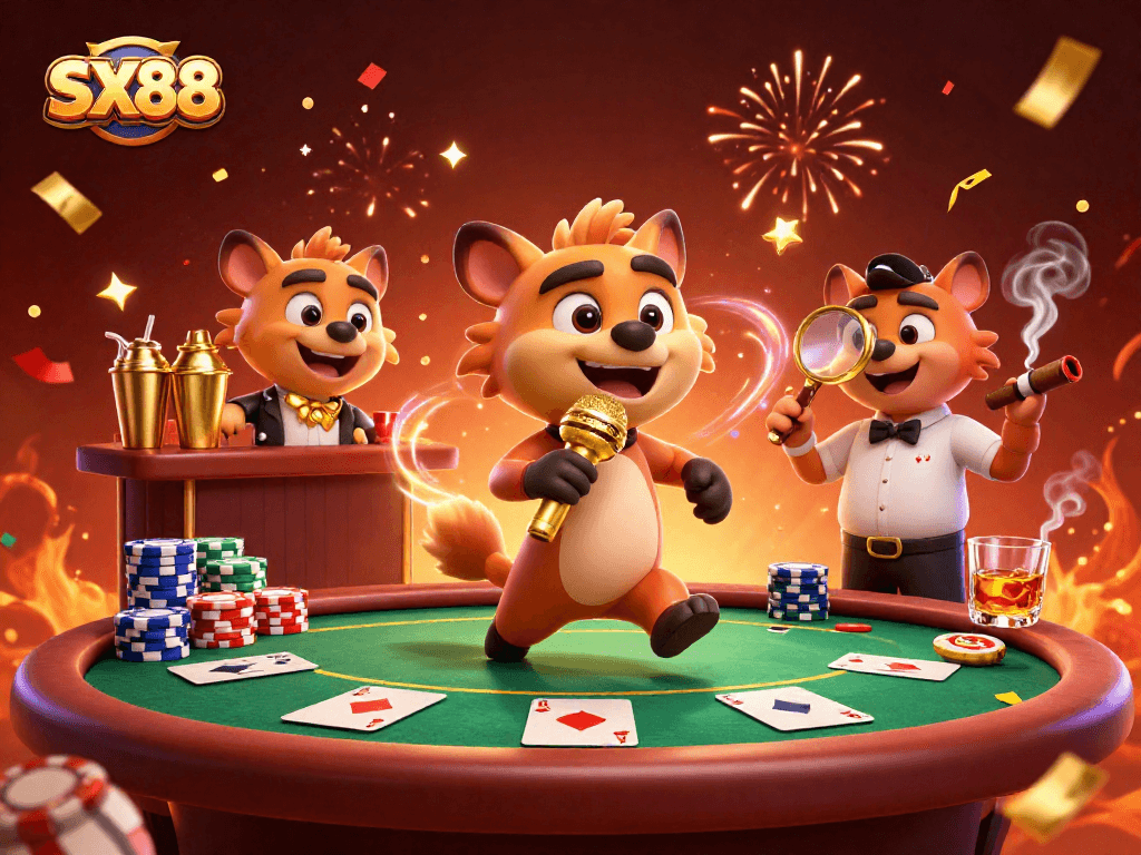 SX88 hyenas bring casino excitement with a stand-up comic, bartender, and bouncer in a lively scene