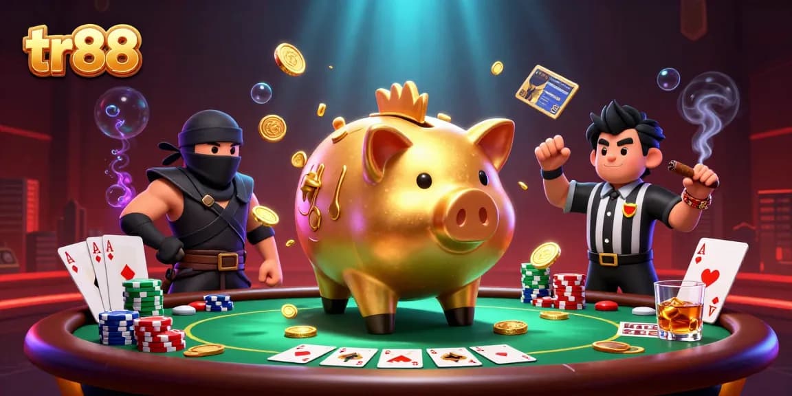 tr88 showcases thrilling gaming with a golden piggy bank sumo wrestler and vibrant casino elements.