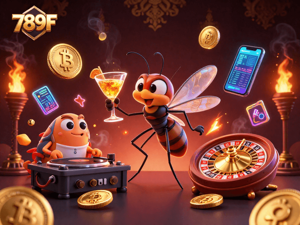 Engage with exciting 789F gaming as a frozen mosquito mascot holds a cocktail next to a trilobite DJ.
