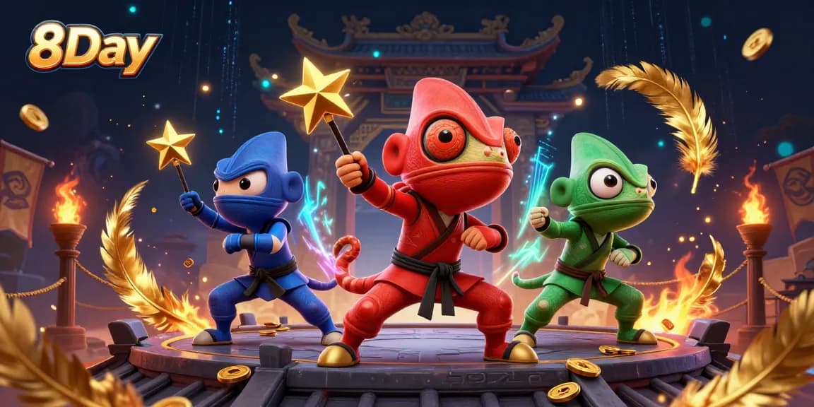 Experience vibrant gameplay at 8Day with a dynamic casino scene featuring colorful ninja chameleons.