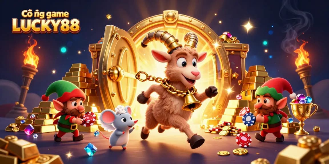 Experience the thrill at Cổng game LUCKY88 with festive characters in a vibrant casino scene.
