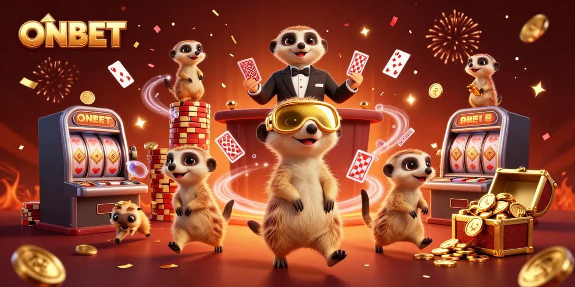 Experience thrilling gaming at ONBET with meerkats managing a vibrant casino scene.