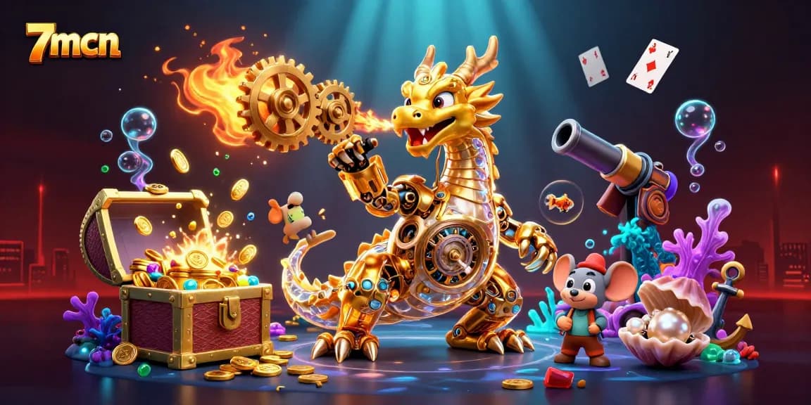 Engage with 7mcn's interactive gaming experience, featuring a dynamic golden dragon scene with treasures.