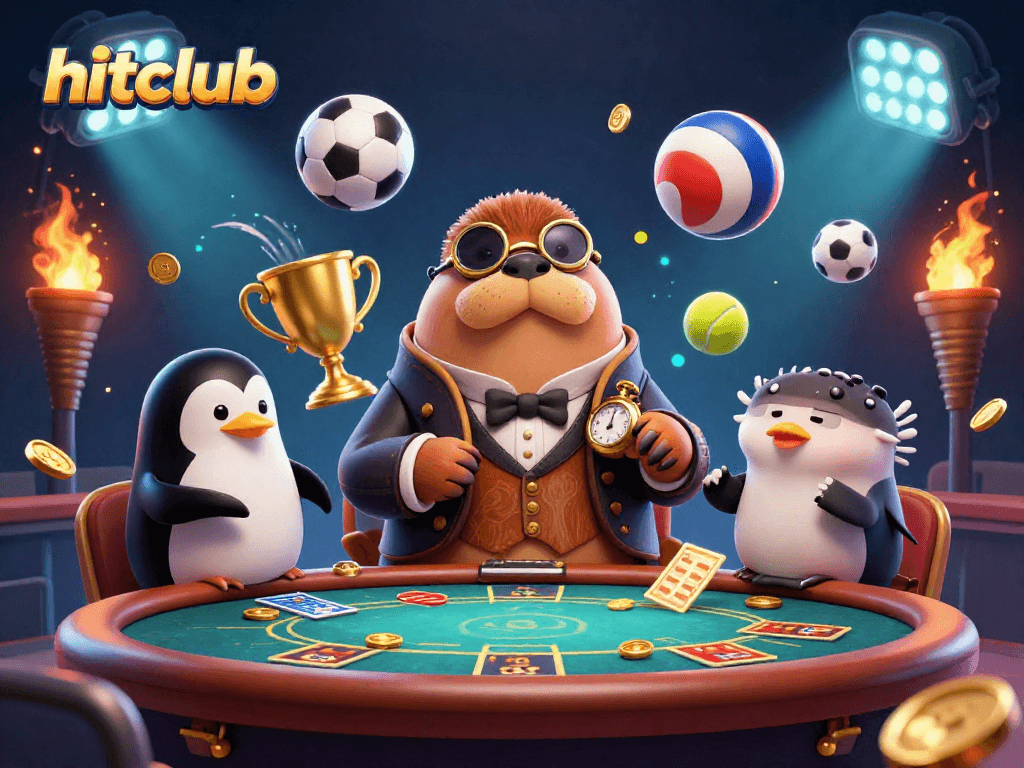 Hitclub showcases a jolly walrus playing poker with a penguin dealer and pufferfish, immersed in winning action.