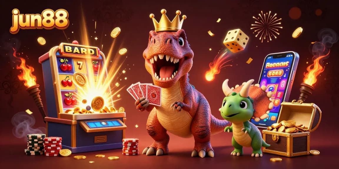 Join the excitement at jun88 with a playful T-Rex shuffling cards amidst jackpot chaos!