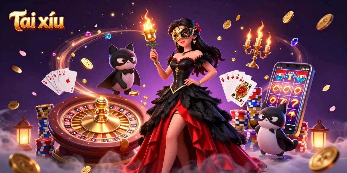 Tái xỉu game illustration showcasing a woman in a ballroom gown with 3D gaming elements like coins and roulette.
