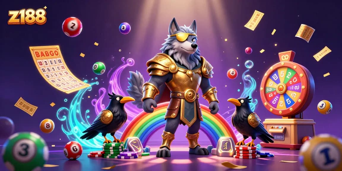 Experience z188 action with an Odin wolf and ravens before a vibrant casino bridge and lottery elements.