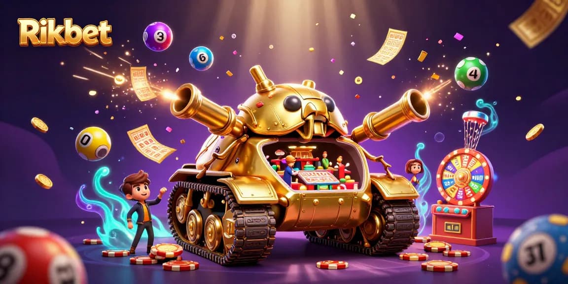 Rikbet unleashes excitement with a 3D casino scene featuring thrilling lottery and casino elements.