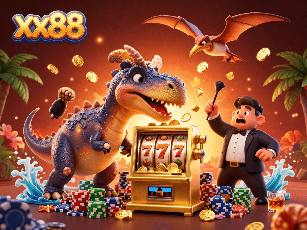 Spin the jackpot with xx88 at a vibrant casino scene filled with animated characters.