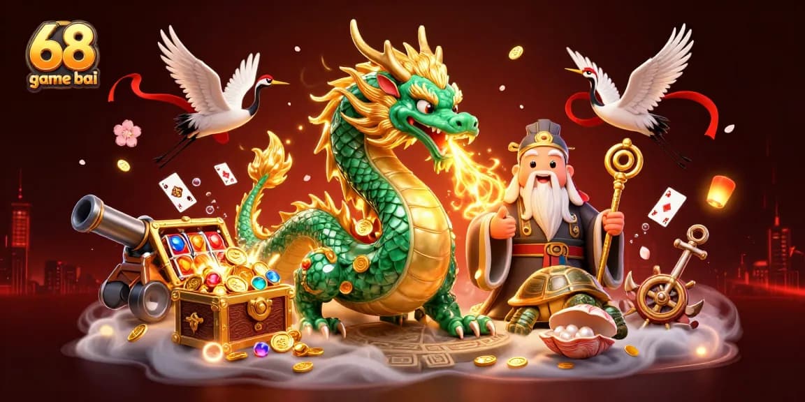 Immersive casino adventure in 68 game bai featuring dynamic dragon and turtle characters surrounded by treasures.