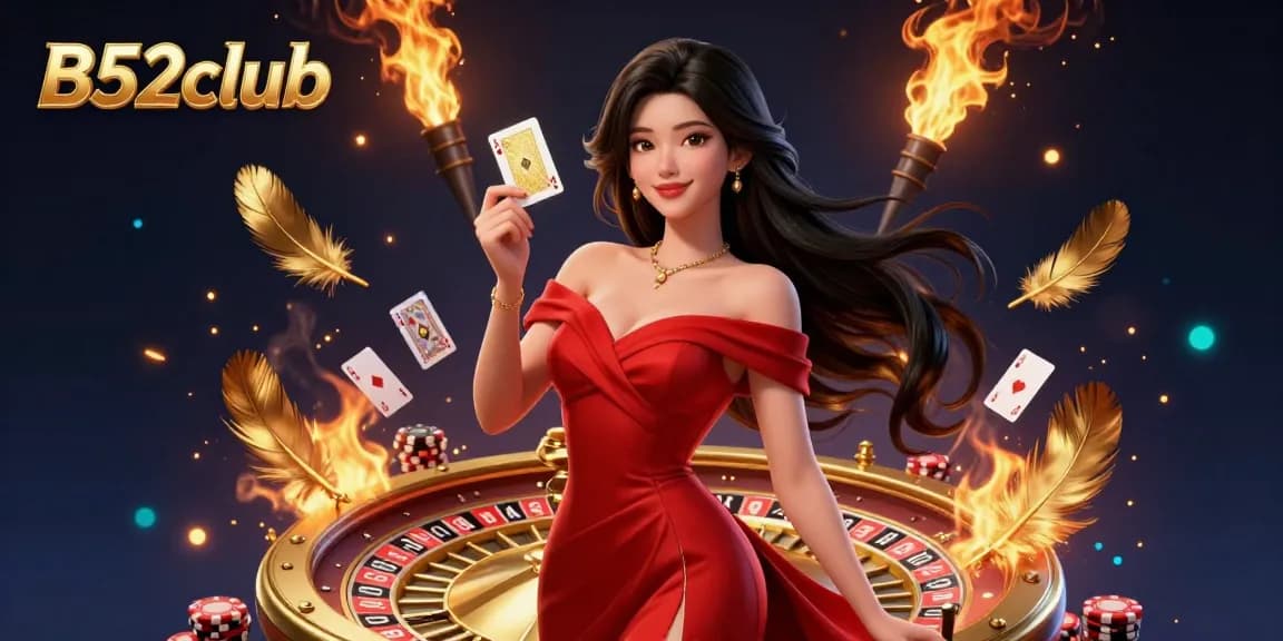 B52club showcases a beautiful Asian woman playing a golden card next to a roulette wheel, featuring vibrant casino elements.